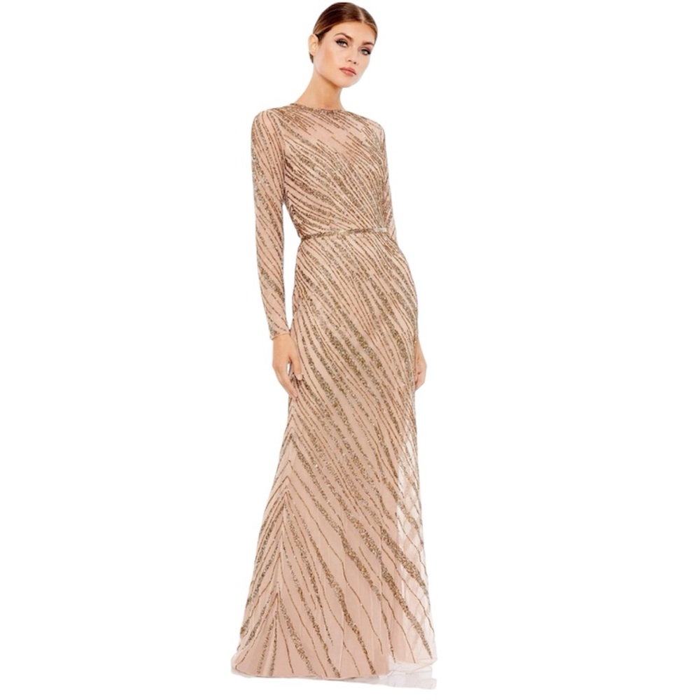MAC DUGGAL Beaded Long Sleeve Column Gown Mocha Dress Taupe Size 2 NEW